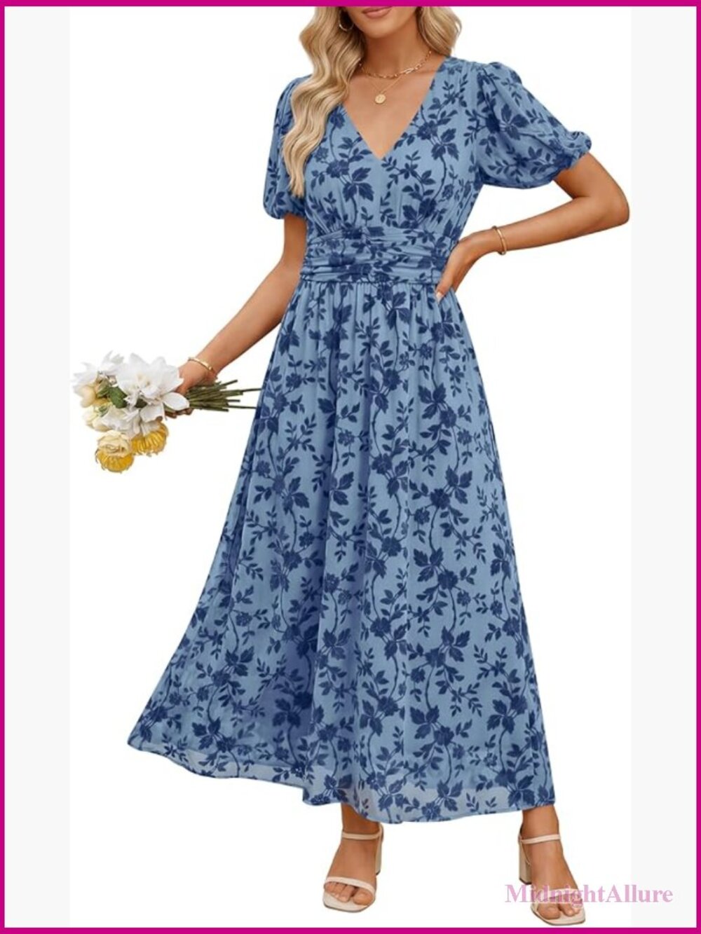 Women Floral Maxi Formal Dress Mesh Short Sleeve V Neck Empire Waist - Picture 1 of 7